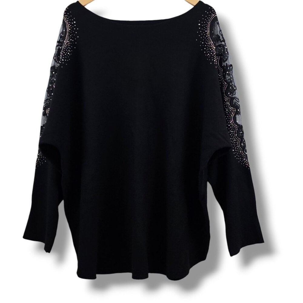 Tahari Black Sweater Rhinestone Sheer Lace Embellished Sleeves Womens 3X Holiday